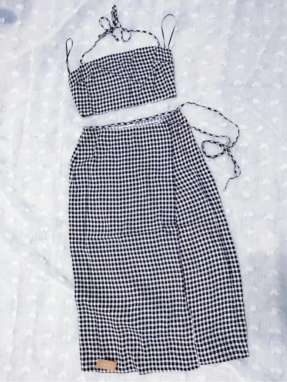 New! Reformation Black White Gingham Wrap Skirt Top set 2pc Size 6
